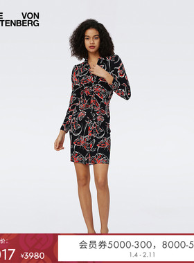 DVF 黑红蝴蝶印花长袖修身连衣裙DL3S014