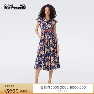 衬衫 蓝橙繁花图案棉质短袖 裙FDS2T01 简约翻领泡泡袖 DVF