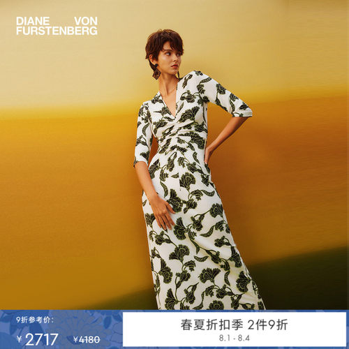 [哑光针织]DVF2026春夏新款度假风茶歇裙白绿印花连衣裙DL1U004