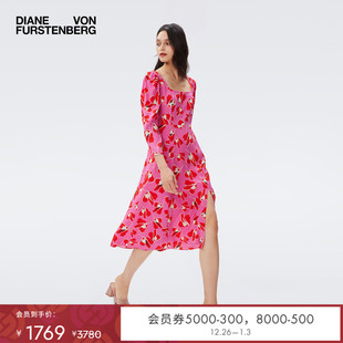 连衣裙DL2R004 法式 DVF 方领郁金香印花中长款