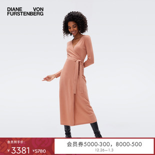 纯色针织连衣裙MR43E00 DVF羊毛羊绒裹身裙V领子中长款 绵羊毛