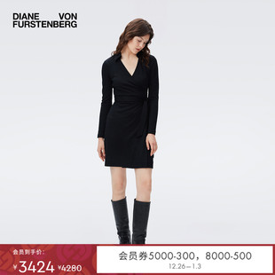 DVF 羊毛针织裹身连衣裙DW4Q001 POLO领复古黑色长袖