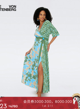 DVF V领印花长款度假裹身连衣裙DW1S014