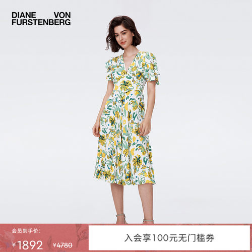 DVF荷叶袖茶歇裙植物印花连衣裙