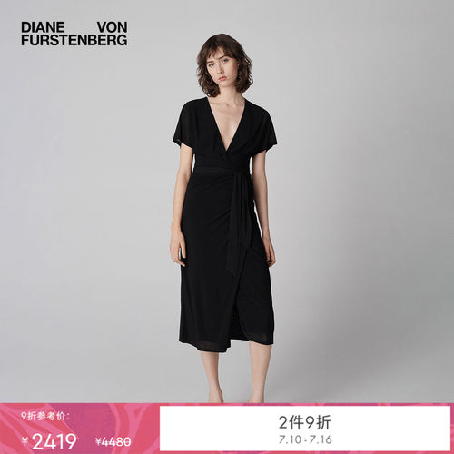 DVF曜石黑荷叶袖裹身裙