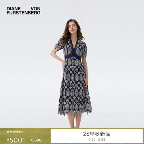 DVF2026早秋新款茶歇裙蓝白佩斯利刺绣连衣裙DS2U010