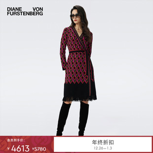 粉色羊毛混纺针织提花裹身裙DR3T002 DVF2025秋冬新款 提花工艺