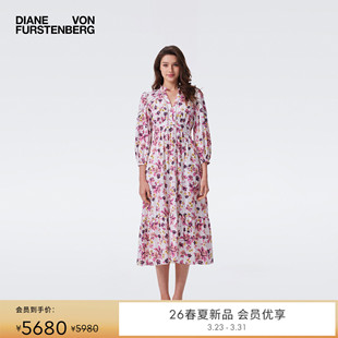 DVF2026春夏新款 连衣裙DL1U009 V领茶歇裙柔粉线描花影多比棉长袖