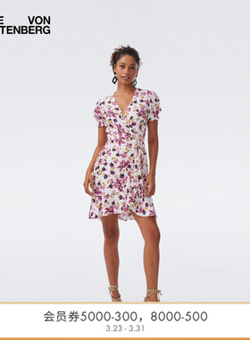 DVF2026春夏新款柔粉鎏金花谱图案复古绉纱短款裹身连衣裙DW1U009