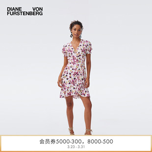 DVF2026春夏新款 裹身连衣裙DW1U009 柔粉鎏金花谱图案复古绉纱短款