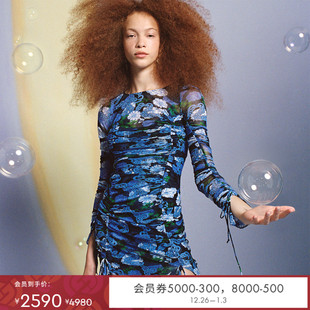 DVF圆领艺术印花长袖 显瘦连衣裙DL4R001 弹力网纱修身