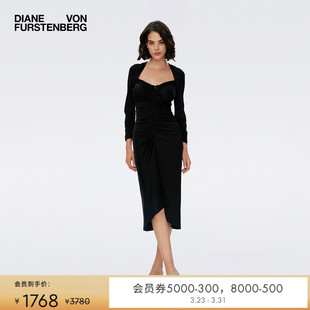 DVF黑色复古方领轻礼服中长款 小黑裙 连衣裙DL1S006 玫瑰相似款