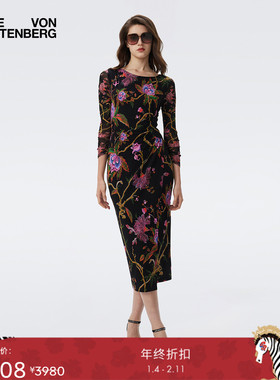 [哑光针织/弹力网纱]DVF2025秋冬神秘花园图案长袖连衣裙DL3T010