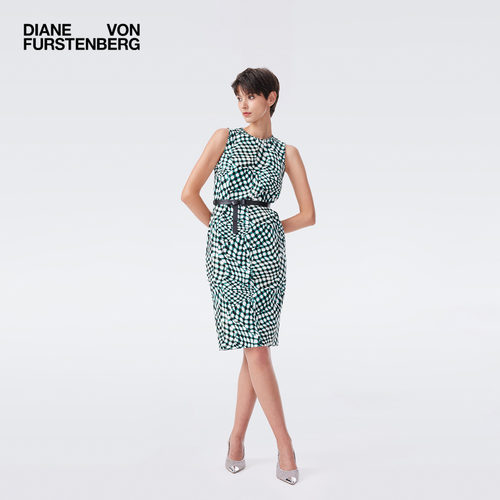 DVF2026春夏新款包臀裙蓝色浮动格纹弹力通勤无袖连衣裙DS4T001