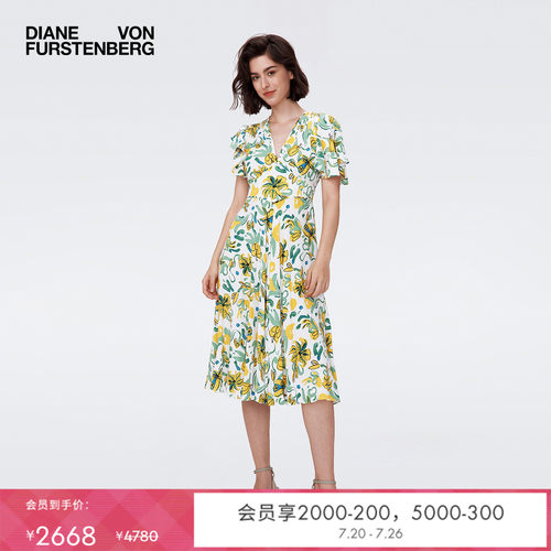 DVF荷叶袖茶歇裙植物印花连衣裙
