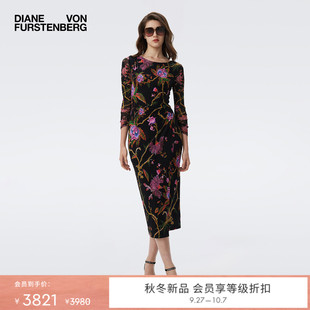 連衣裙DL3T010 DVF2025秋冬神秘花園圖案啞光針織拼彈力網(wǎng)紗長(zhǎng)袖