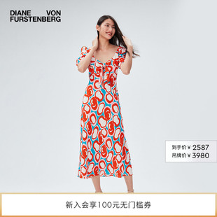 连衣裙DS2R008 DVF桃心领红绿涂鸦波点抽象印花中长款