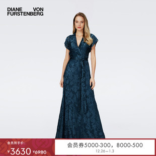 DVF礼服V领长款 植物印花度假礼服年会裹身连衣裙DW4R008