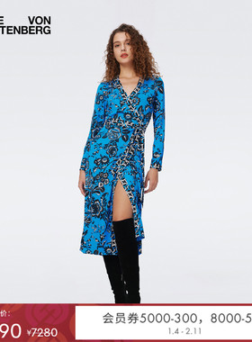 [100%真丝]DVF蓝色葡萄藤图案拼接裹身连衣裙DW3S025