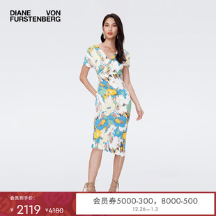 DVF 连衣裙DS2S009 V领度假印花哑光针织中长款
