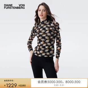 半高领植物印花弹力网纱上衣BL3T005 DVF打底衫 弹力网纱