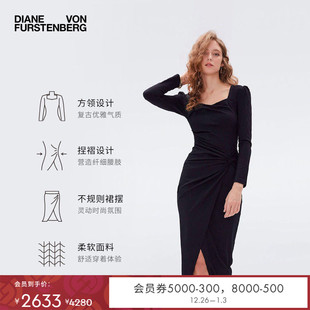 DVF气质曜石黑复古方领连衣裙MR64E00 小黑裙