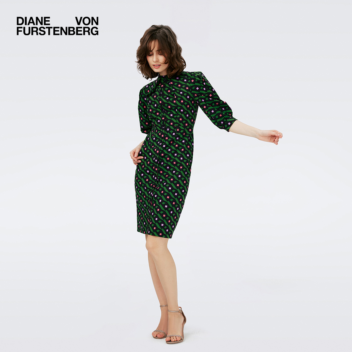 DVF绿色钻石立方体衬衫裙连衣裙