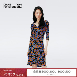 气质修身 一字肩植物印花长袖 DVF法式 显瘦连衣裙DL4R046 玫瑰印花