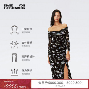 DVF2025新款 度假植物印花一字肩连衣裙DL4S003