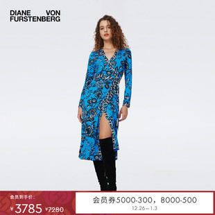 DVF蓝色葡萄藤图案拼接裹身连衣裙DW3S025 100%真丝