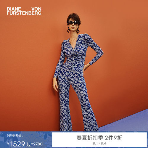 [七夕礼物]DVF2026春夏新款印花上衣海军蓝水波米字花长裤套装