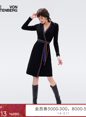 DVF POLO领毛衣裙黑色长袖短款针织裹身连衣裙DR3R009