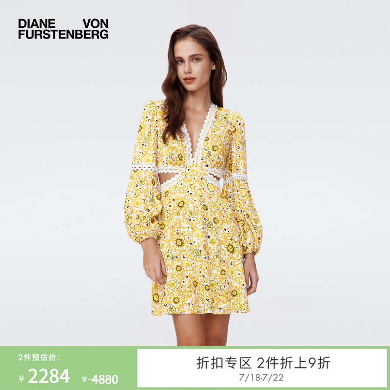 DVF太阳花蕾丝拼接度假腰部挖剪连衣裙DL2S024