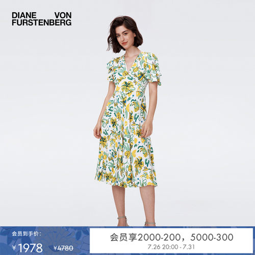 DVF荷叶袖茶歇裙植物印花连衣裙