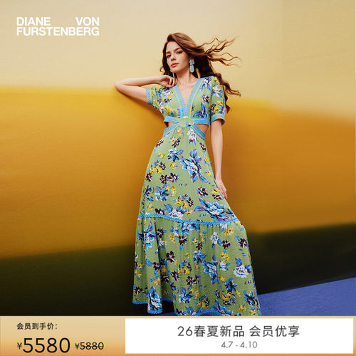 DVF2026春夏新款青底蓝韵花谱蕾丝仿亚麻布腰部挖剪连衣裙DS1U022