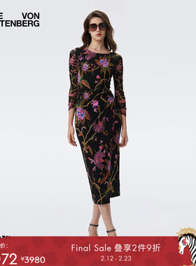 [哑光针织/弹力网纱]DVF2025秋冬神秘花园图案长袖连衣裙DL3T010