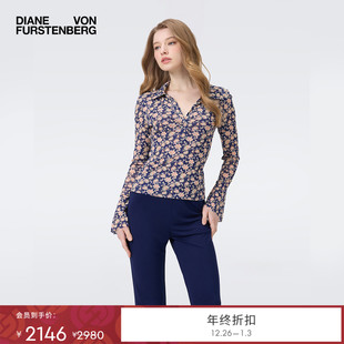 上衣BL2T002 蓝橙星图繁花图案POLO领弹力网纱长袖 DVF2025秋季 新款