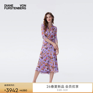 收腰度假梦幻花卉中长连衣裙DL4T001 DVF2026早春新款 弹力网纱