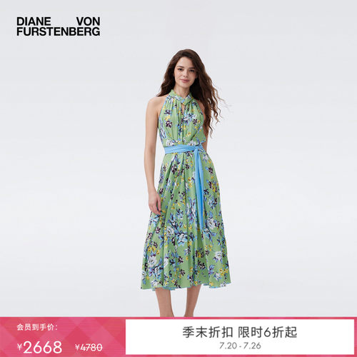 DVF2026春夏新款海岛度假风青底蓝韵花谱轻薄碎花裹身裙DW1U019