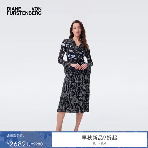 [弹力网纱]DVF2026早秋新款黑白午夜玫瑰/蜡染波点上衣半裙套装