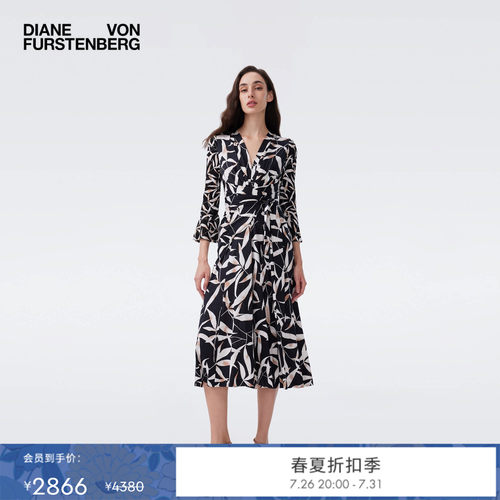 DVF2026春夏新款流光月桂叶印花轻薄收腰优雅感裹身裙DW1U017