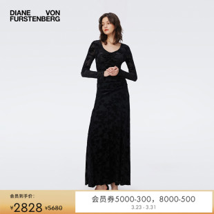礼服连衣裙GL4S005 DVF曜石黑色丝绒烧花工艺圆领优雅长袖 小黑裙