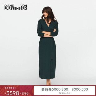 DVF羊毛羊绒混纺裹身裙V领高腰长袖 纯色针织连衣裙MR43E00 中长款