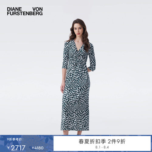 DVF2026春夏新款V领浮动格纹轻薄长袖连衣裙DL4T023