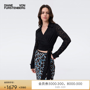 上衣BL2T003 DVF曜石黑弹力蕾丝裹身长袖 重工花卉蕾丝