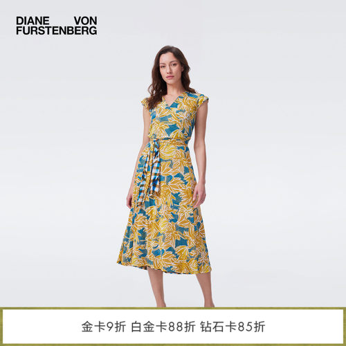 [双面穿]DVF2026早秋新款北非金棕榈/蓝色光影格纹裹身裙DW2U009