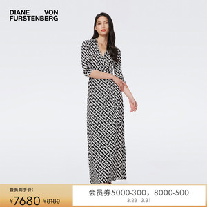 [100%真丝 品牌经典]DVF黑白锁链印花优雅中长裹身连衣裙MR41E00