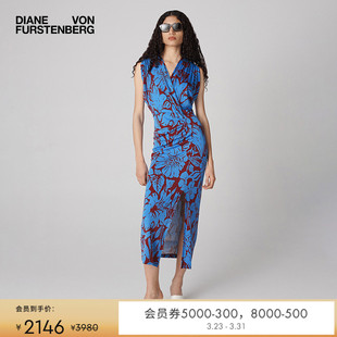 DVF 连衣裙DS1T027 V领伊利亚特植物印花腰部扭结设计开叉无袖