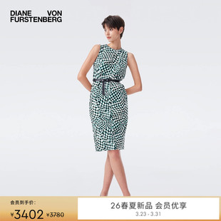 DVF2026早春新款 连衣裙DS4T001 包臀裙蓝色浮动格纹弹力通勤无袖