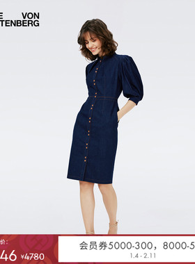 [丹宁牛仔]DVF牛仔裙立领泡泡袖中长款连衣裙DS4R011